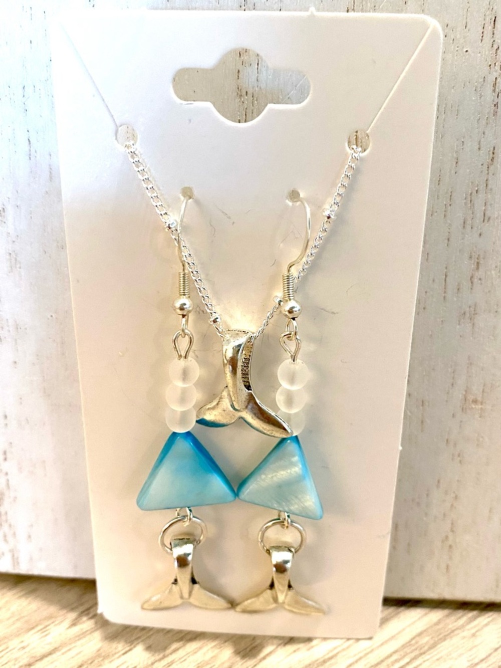 13. Silver Mermaid Tail and Blue Shell Triangle Drop Earrings - Picture 2 of 2